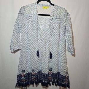 Roberta Roller Rabbit 100% Cotton Blue White Printed Tunic Fringe Tassels sz XXS